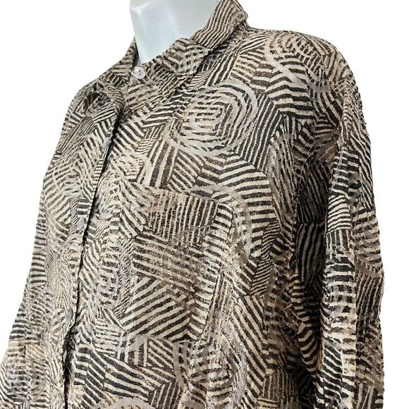 Chicos Womens Brown Button Down Sheer 3/4 Sleeve Mixed Media Shirt Top sz 2 / L - Picture 8 of 16